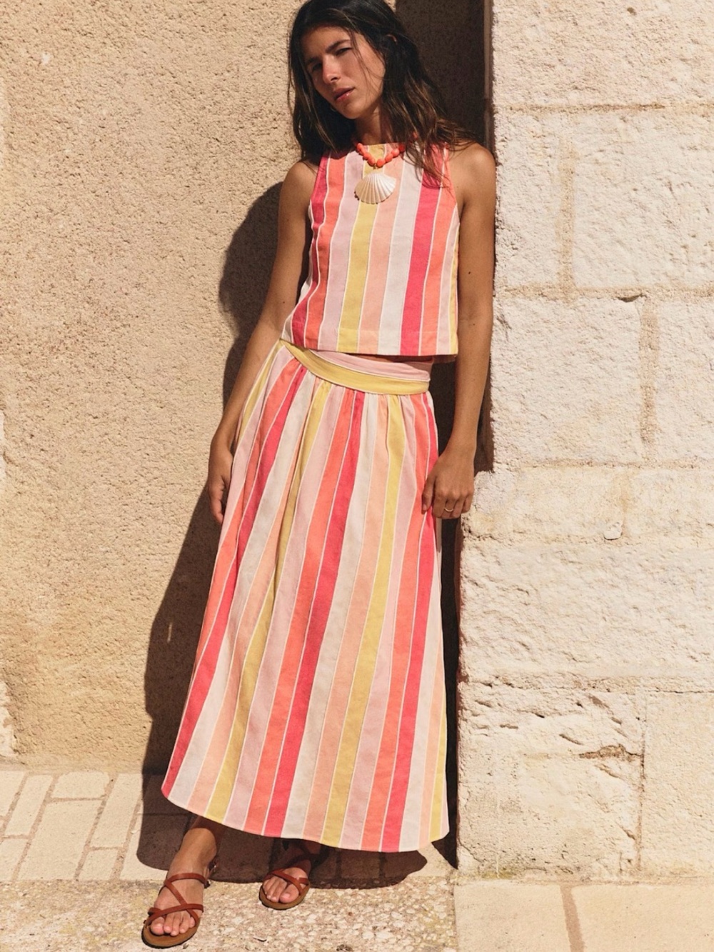 Sezane Siloé Skirt Red, Yellow And Ecru Stripes - Size 8